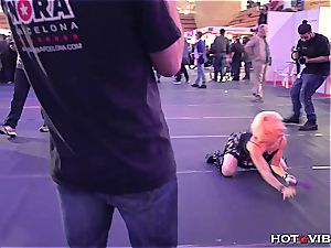 blond plays with her labia and busts in public