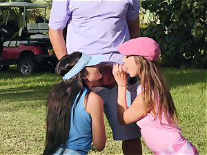 Golf course snatch bashing with Adria Rae and Jade Amber
